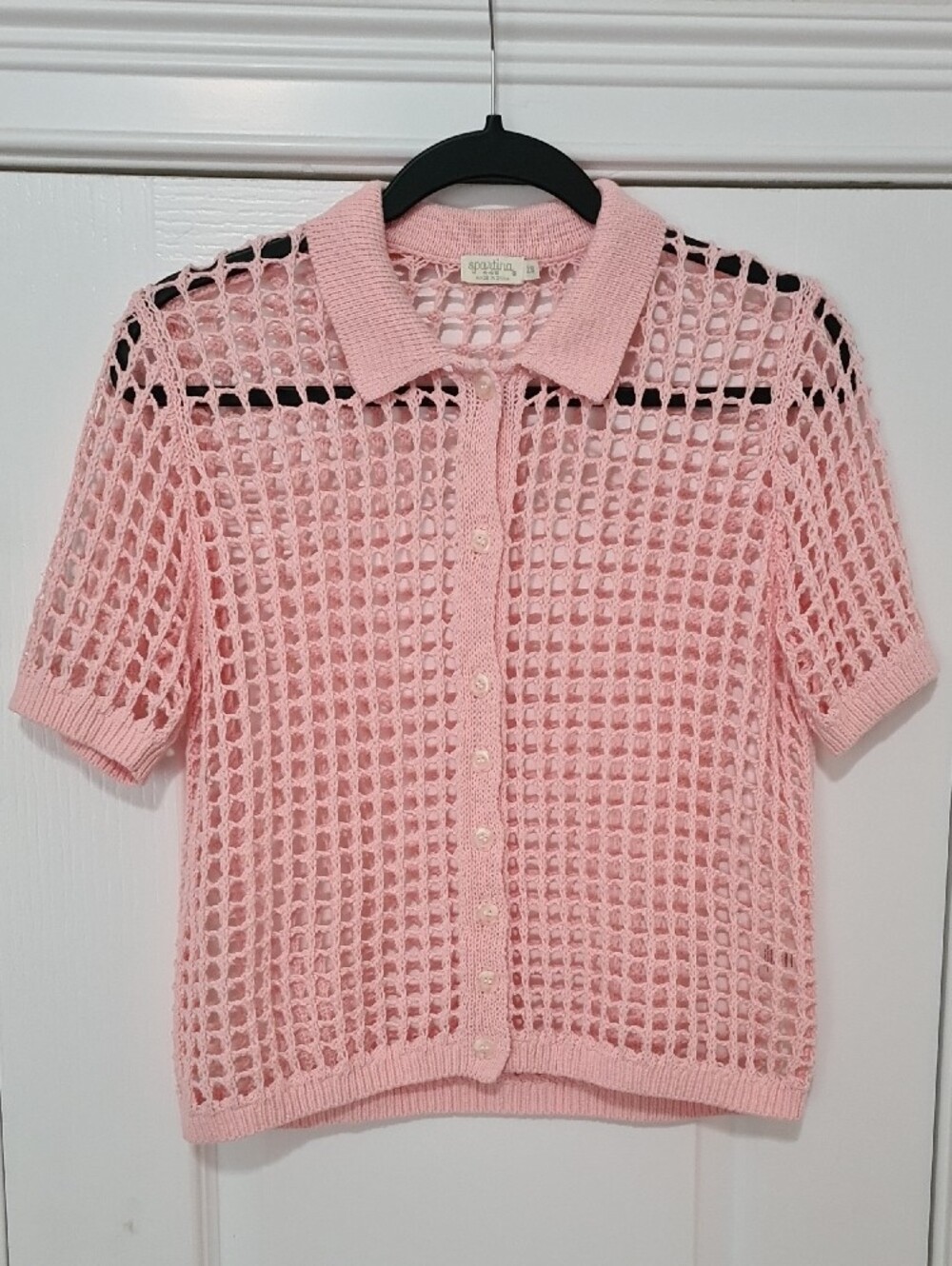 Spartina 449 Pale Pink Open-Knit Collared Button-Up Sweater